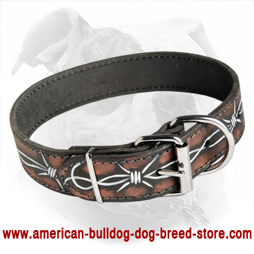 Handpainted Adjustable Leather Canine Collar for American Bulldog Walking and Training