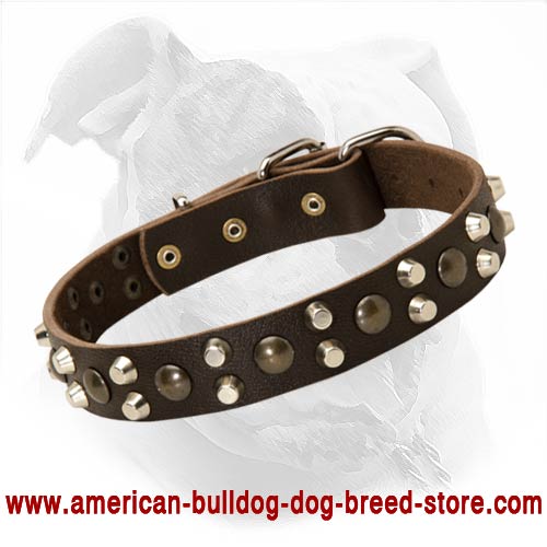 Fashion Adjustable Leather Collar with Pyramids and Studs for Daily American Bulldog Canine Walking and Training