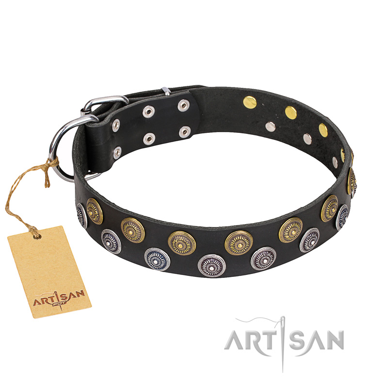 "Romantic Breeze" FDT Artisan Black Superb Leather American Bulldog Collar - 1 1/2 inch (40 mm) wide
