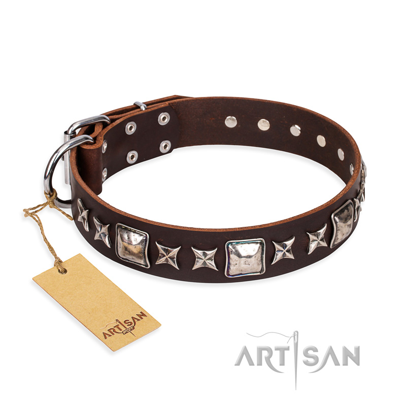 "Perfect Impression" FDT Artisan Brown Leather American Bulldog Collar with Square Studs - 1 1/2 inch (40 mm) Wide - Click Image to Close