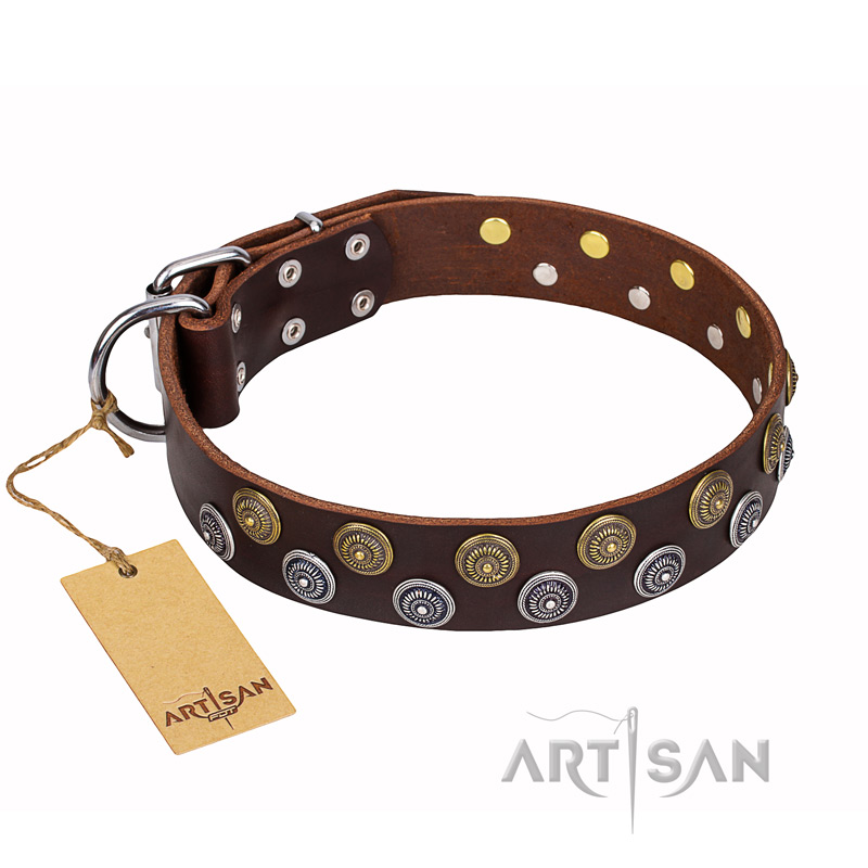 'Strong Shields' Unique Design FDT Artisan Leather American Bulldog Collar - 1 1/2 inch (40 mm) wide