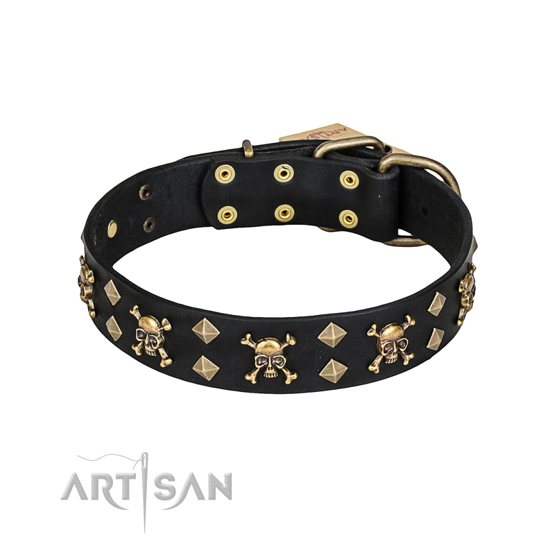 'Jolly Rojer' FDT Artisan American Bulldog Leather Dog Collar with Pirate Skulls and Studs - 1 1/2 inch (40 mm) wide