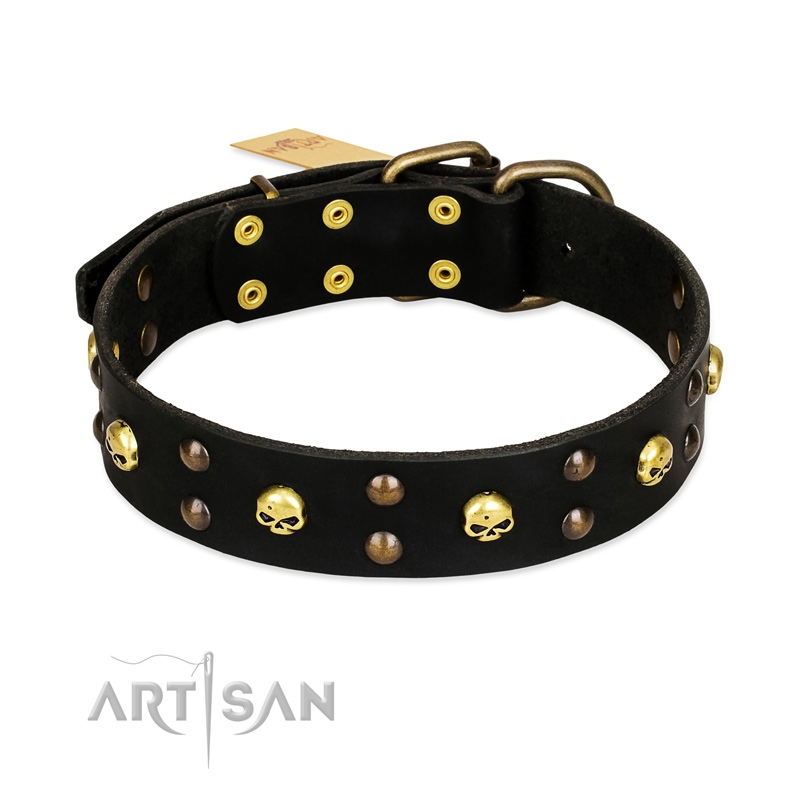 FDT Artisan 'Heavy Metal' Leather American Bulldog Collar with Skulls and Half-Balls 1 1/2 inch (40 mm)