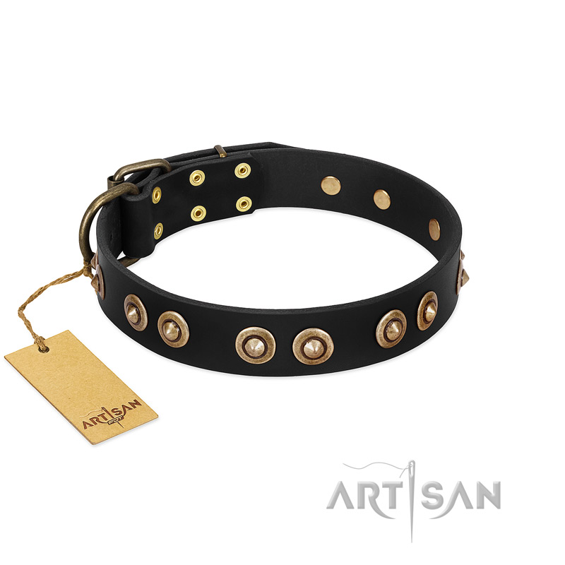 "Golden Artifact" FDT Artisan Black Leather American Bulldog Collar with Old-bronze Covered Medallions