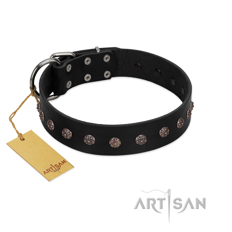"Flower Rhapsody" FDT Artisan Premium Quaulity Black Leather American Bulldog Collar