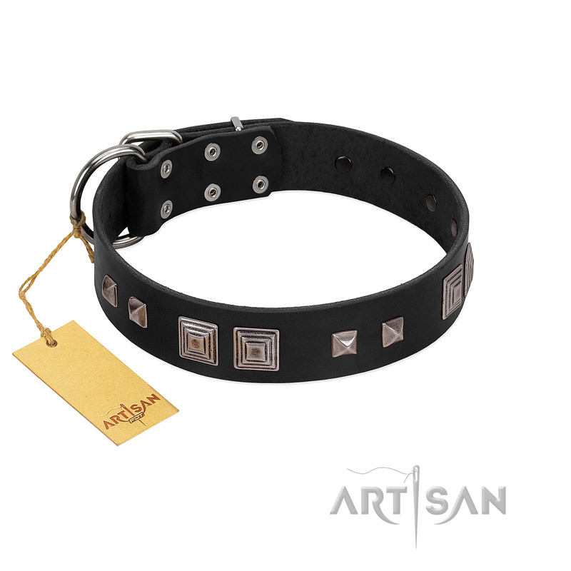 "Foregone Riches" FDT Artisan Black Leather American Bulldog Collar with Old Silver-like Square Studs and Pyramids