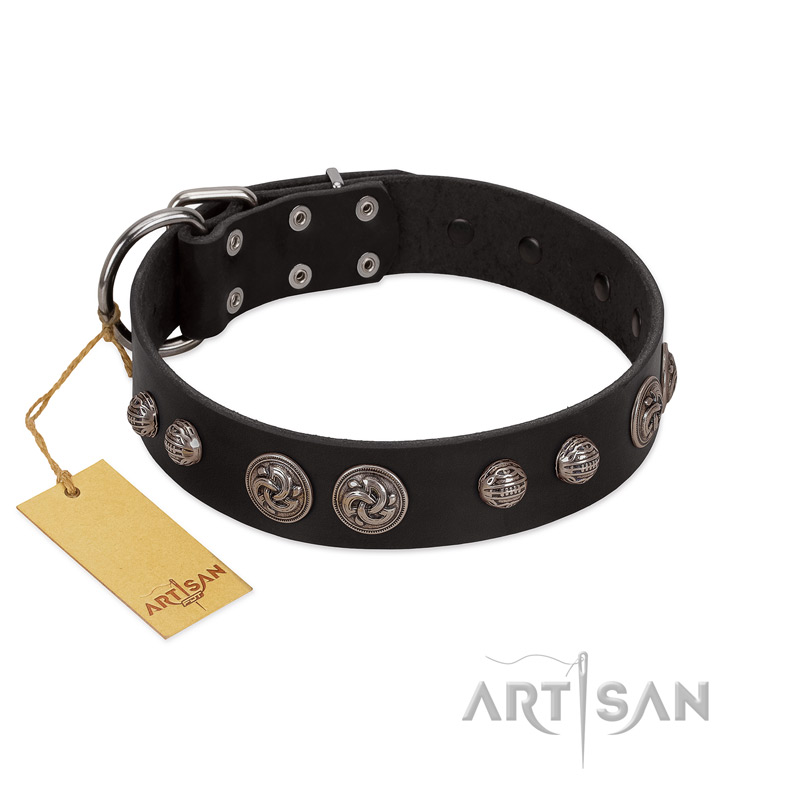 "Tricky Ricky" FDT Artisan Black Leather American Bulldog Collar Adorned with Silver-Like Conchos