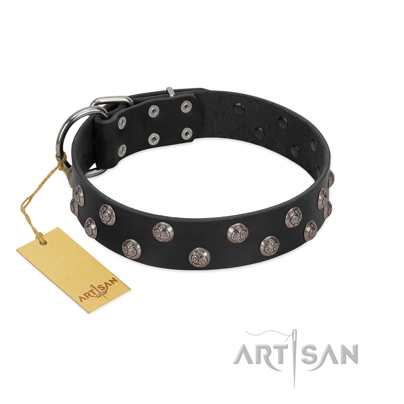 "Power-Flower" FDT Artisan Black Leather American Bulldog Collar with Two Rows of Silver-like Studs with Engraved Flowers