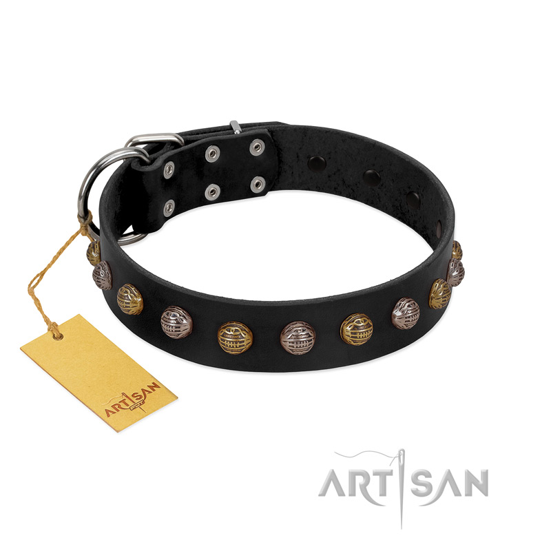 "Inky Prettification" FDT Artisan Black Leather American Bulldog Collar with One Row of Studs
