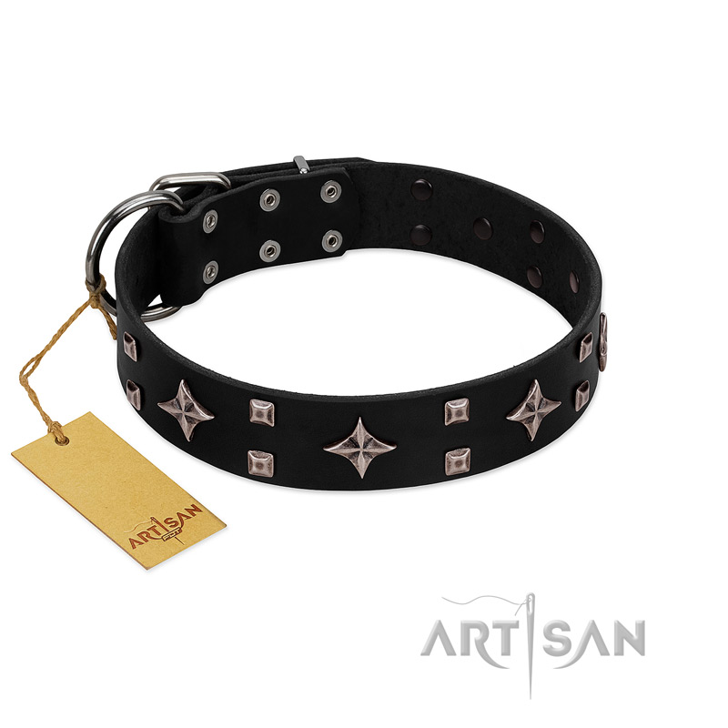 "Snappy Dresser" FDT Artisan Black Leather American Bulldog Collar Adorned with Stars and Tiny Squares