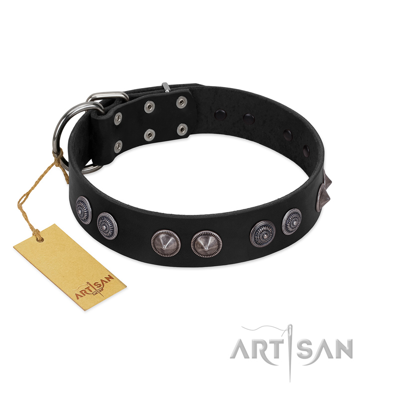 "Silver Medallions" Mod FDT Artisan Black Leather American Bulldog Collar with Round Plates