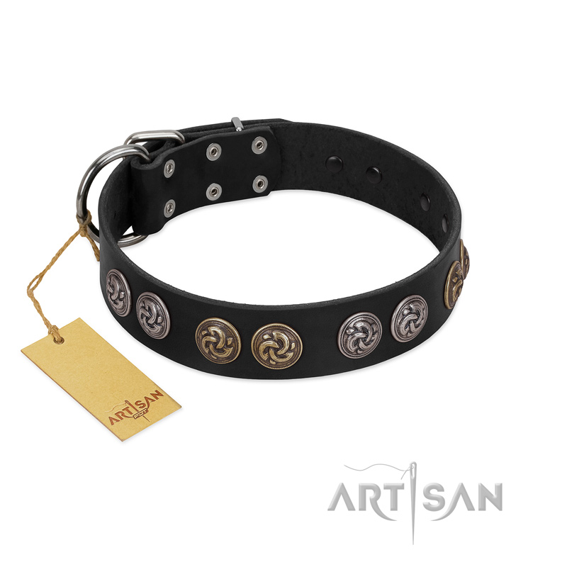 "Mister Exclusive" Designer FDT Artisan Black Leather American Bulldog Collar with Medallions