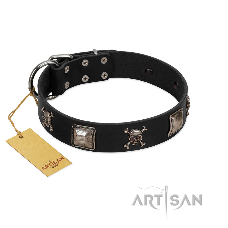 "Sea Rover" Embellished FDT Artisan Black Leather American Bulldog Collar with Chrome Plated Crossbones and Plates