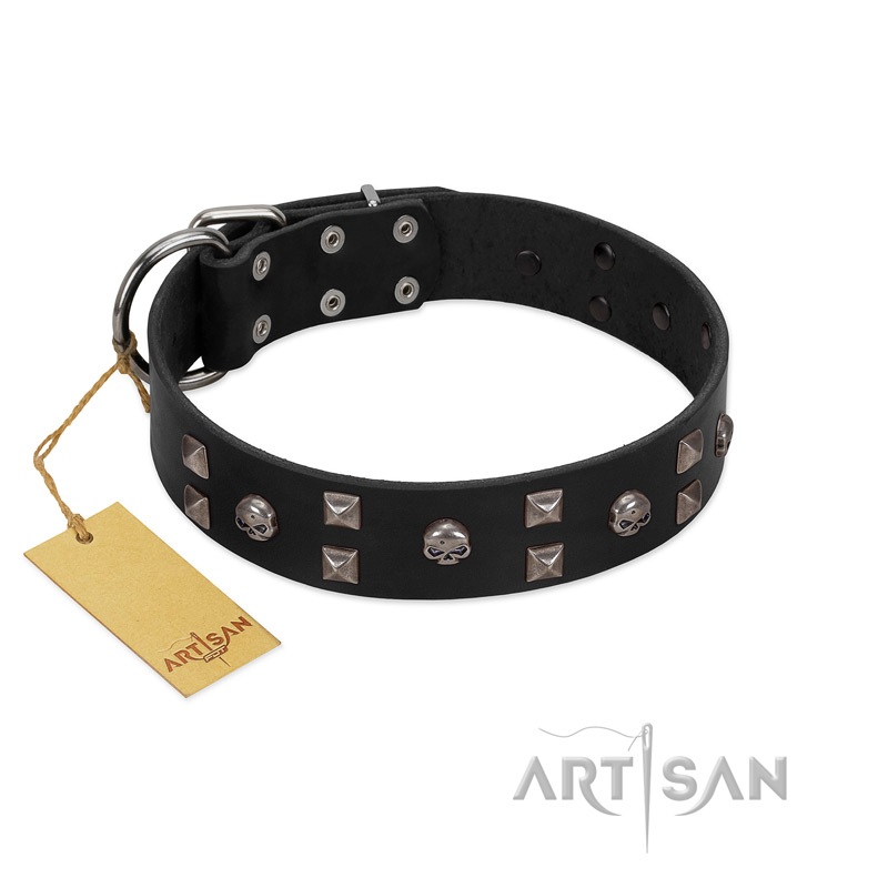 "Fire Eyes" Designer Handmade FDT Artisan Black Leather American Bulldog Collar