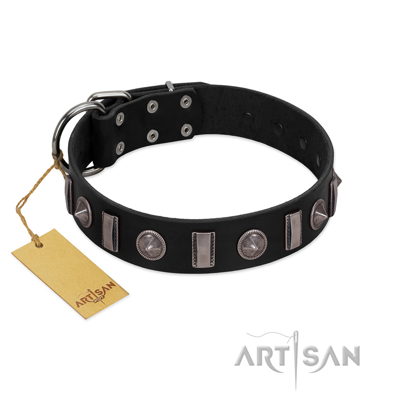 "Silver Spikes" Exclusive FDT Artisan Black Leather American Bulldog Collar