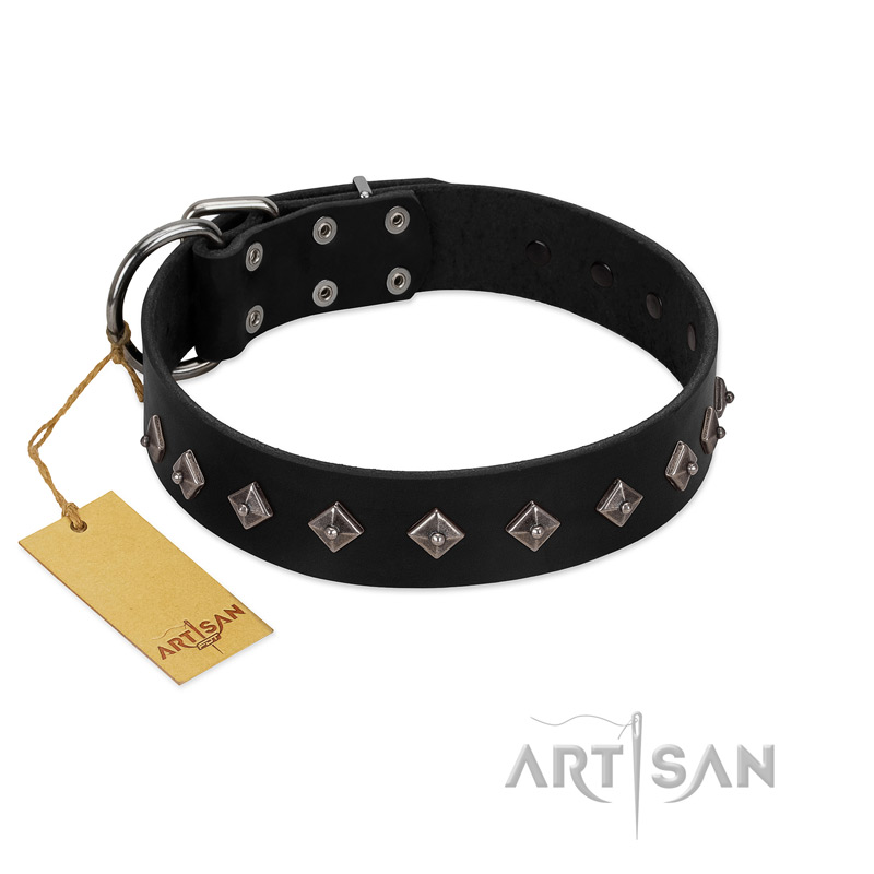 "Immense Power" Handcrafted FDT Artisan Black Leather American Bulldog Collar with Small Dotted Pyramids