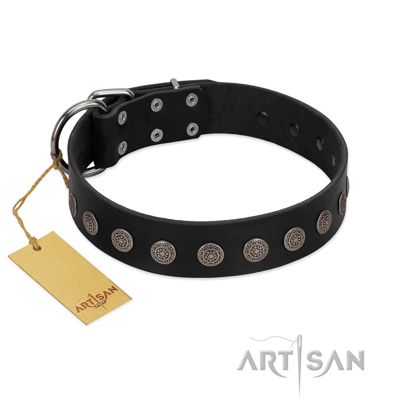 "Silent Star" Handmade FDT Artisan Designer Black Leather American Bulldog Collar with Engraved Plates