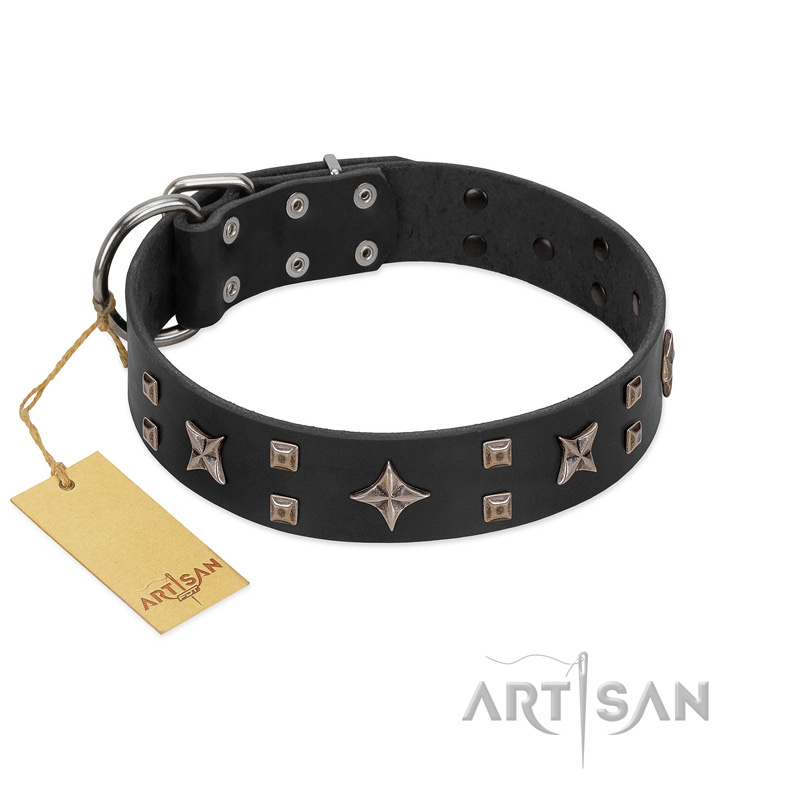 "Star Excitement" Modern FDT Artisan Black Leather American Bulldog Collar with Studs and Stars