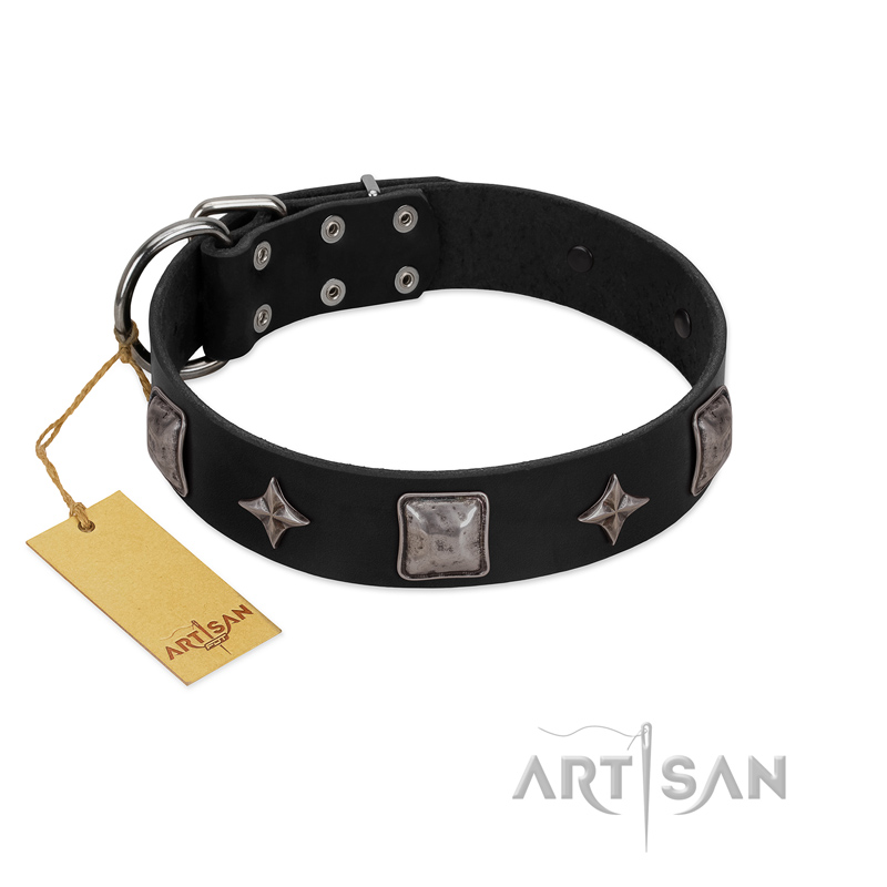 "Black Cavalier" Handmade FDT Artisan Black Leather American Bulldog Collar with Silver-Like Stars and Large Plates