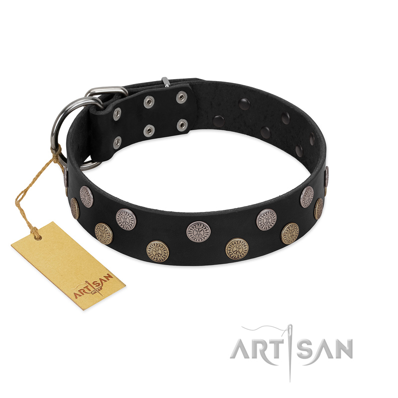 "Egyptian Style" Handcrafted FDT Artisan Black Leather American Bulldog Collar with Medallions