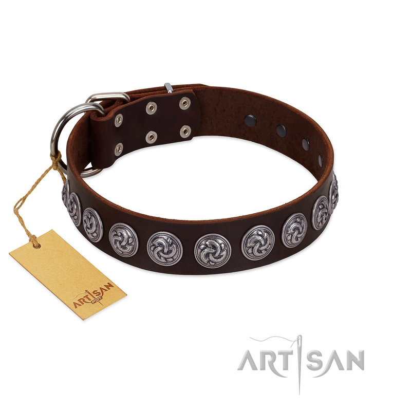 "Charming Circles" FDT Artisan Brown Leather American Bulldog Collar with Silver-like Studs
