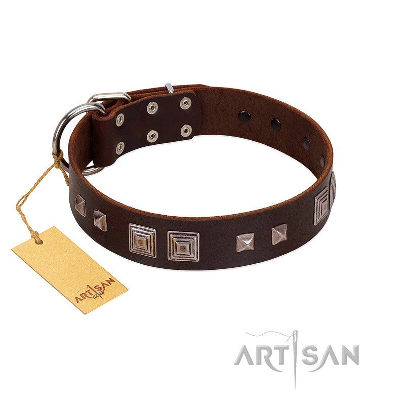 "Object of Virtu" FDT Artisan Brown Leather American Bulldog Collar with Old Silver-like Square Studs and Pyramids
