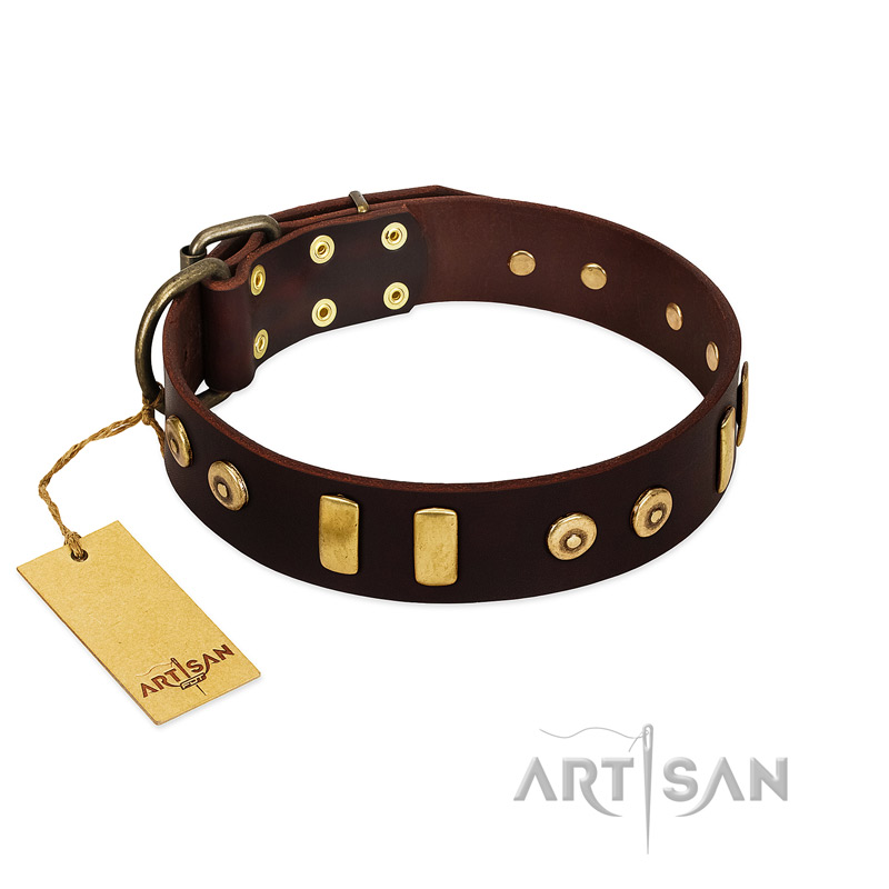 "Lord of Dogs" FDT Artisan Brown Leather American Bulldog Collar with Old Bronze-like Dotted Studs and Tiles