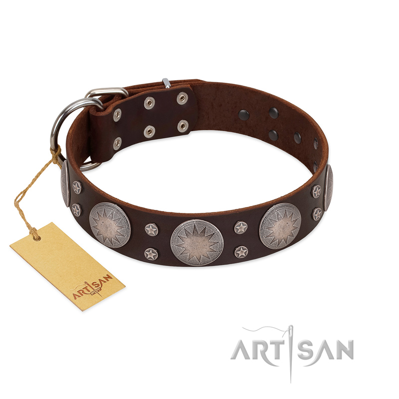 "Imperial Legate" FDT Artisan Brown Leather American Bulldog Collar with Big Round Plates