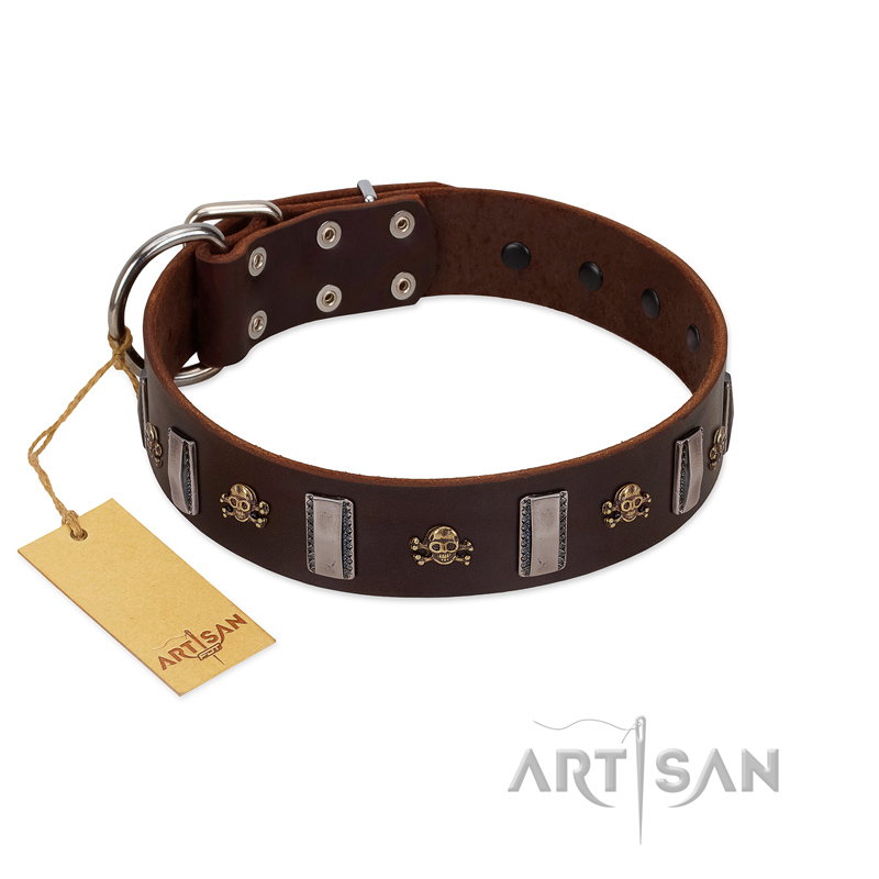 "War Chief" FDT Artisan Genuine Brown Leather American Bulldog Collar with Skulls and Plates