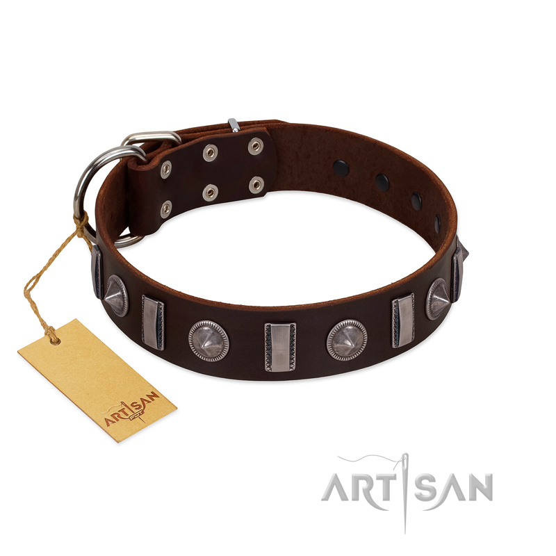 "Spiky Way" FDT Artisan Brown Leather American Bulldog Collar with Silver-Like Decorations - Click Image to Close