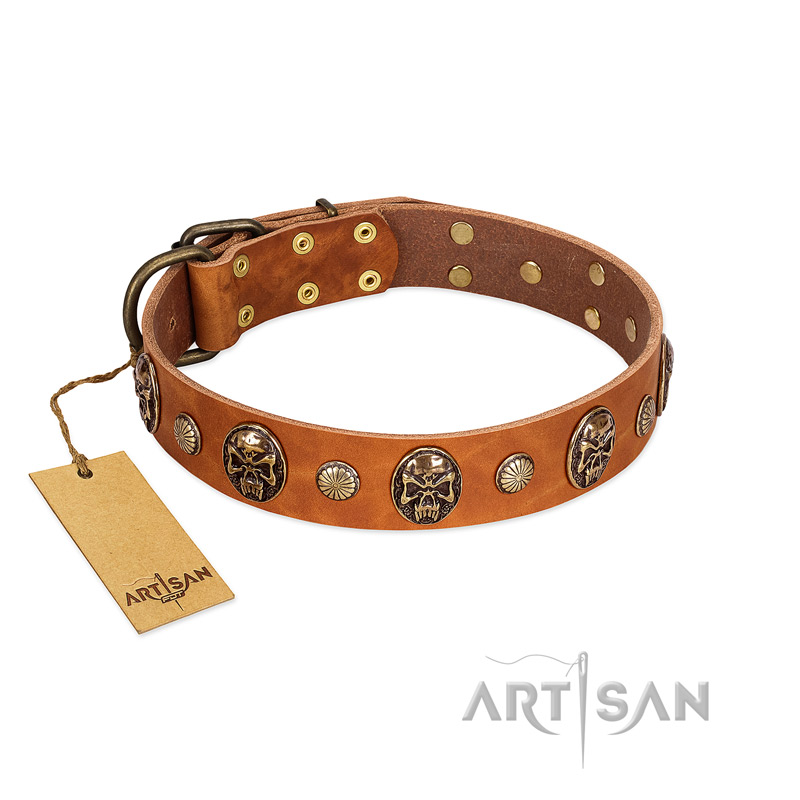 "Call of Feat" FDT Artisan Tan Leather American Bulldog Collar with Old Bronze-like Studs and Oval Brooches