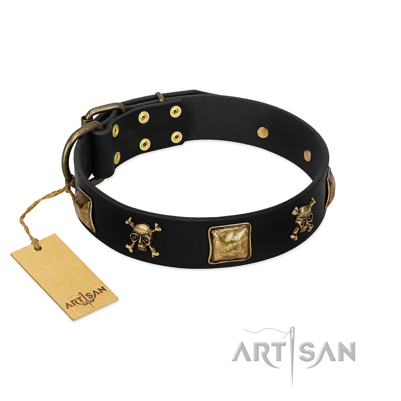 "Welcome on Board" FDT Artisan Black Leather American Bulldog Collar with Skulls and Crossbones Combined with Squares