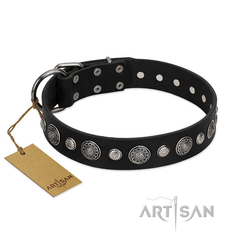 "Vintage Elegance" FDT Artisan Black Leather American Bulldog Collar with Engraved Brooches and Studs