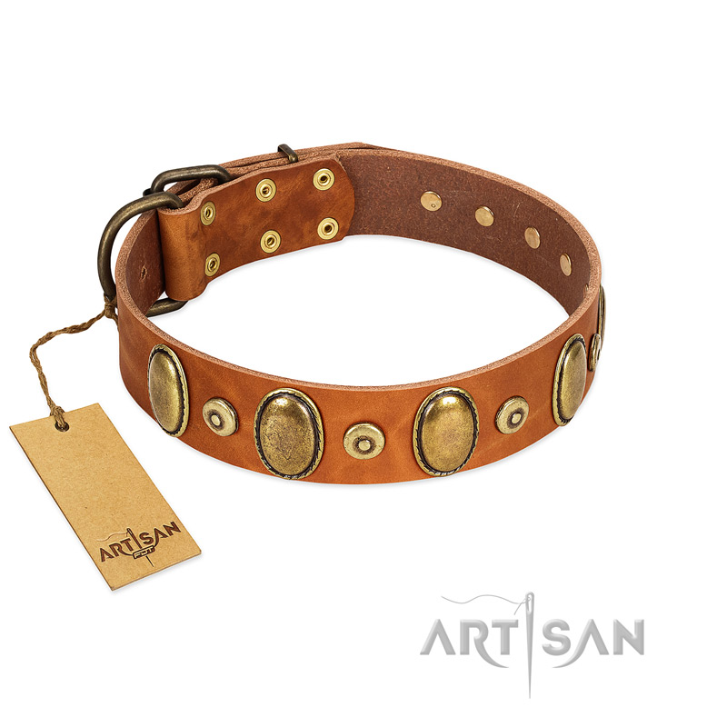 "Crystal Sand" FDT Artisan Tan Leather American Bulldog Collar with Vintage Looking Oval and Round Studs