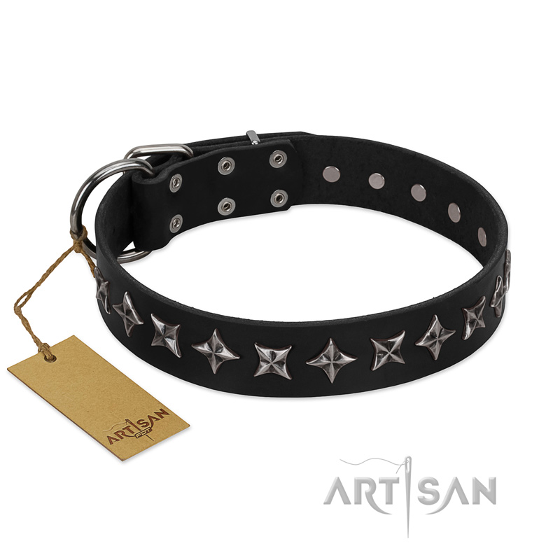 "Lights-out" FDT Artisan Black Leather American Bulldog Collar with Silver-like Set of Stars