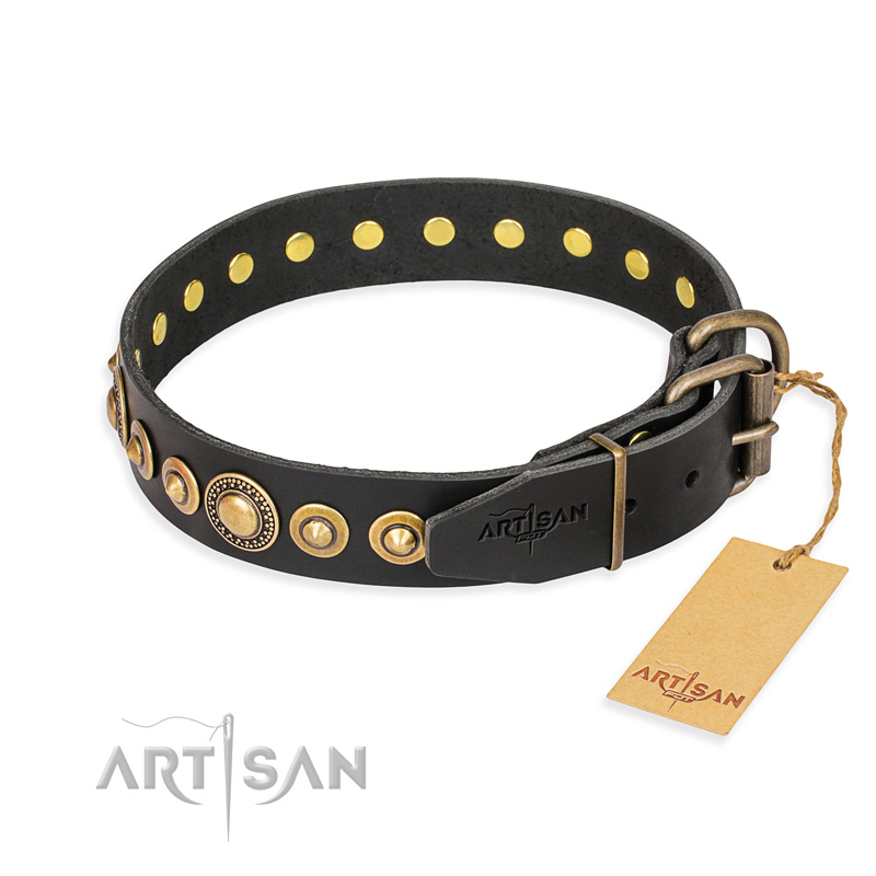 "Gold Mine" FDT Artisan Black Leather American Bulldog Collar with Amazing Bronze-Plated Round Studs - Click Image to Close