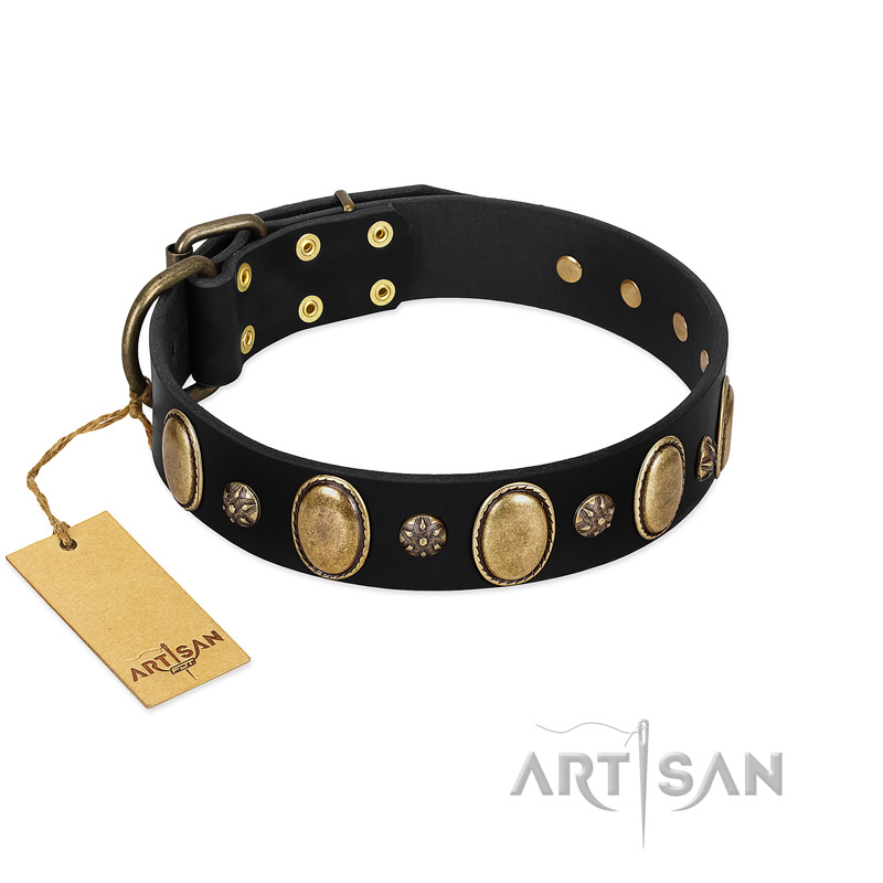"Gilded Stones" FDT Artisan Black Leather American Bulldog Collar with Old Bronze-like Ovals and Studs - 1 1/2 inch (40 mm) wide