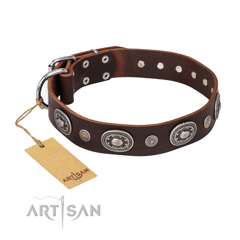 "Extra Pizzazz" FDT Artisan Adorned Brown Leather American Bulldog Collar