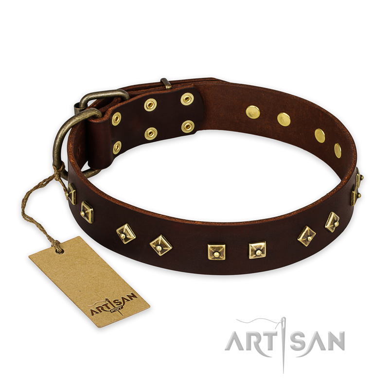 "Fashion Studs" FDT Artisan Decorated Leather American Bulldog Collar with Old Bronze-Plated Steel Hardware - Click Image to Close