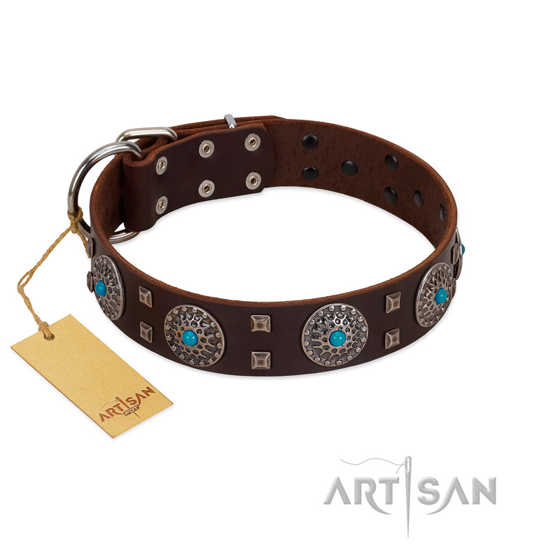 "Hypnotic Stones" FDT Artisan Brown Leather American Bulldog Collar with Chrome Plated Brooches and Square Studs
