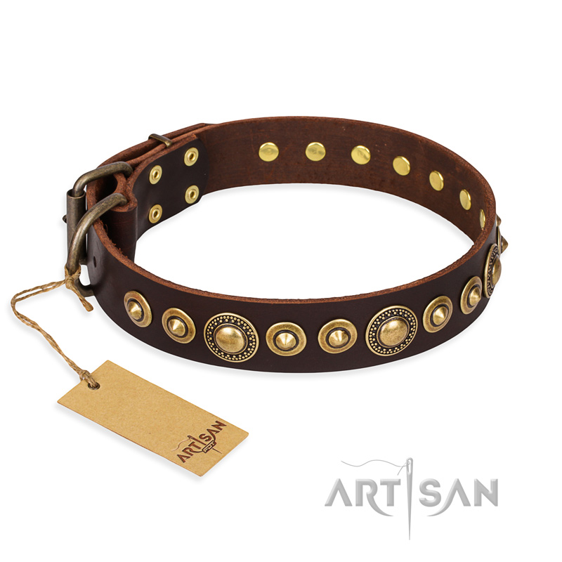 "Ancient Warrior" FDT Artisan Fancy Leather American Bulldog Collar with Old-Bronze Plated Decorations