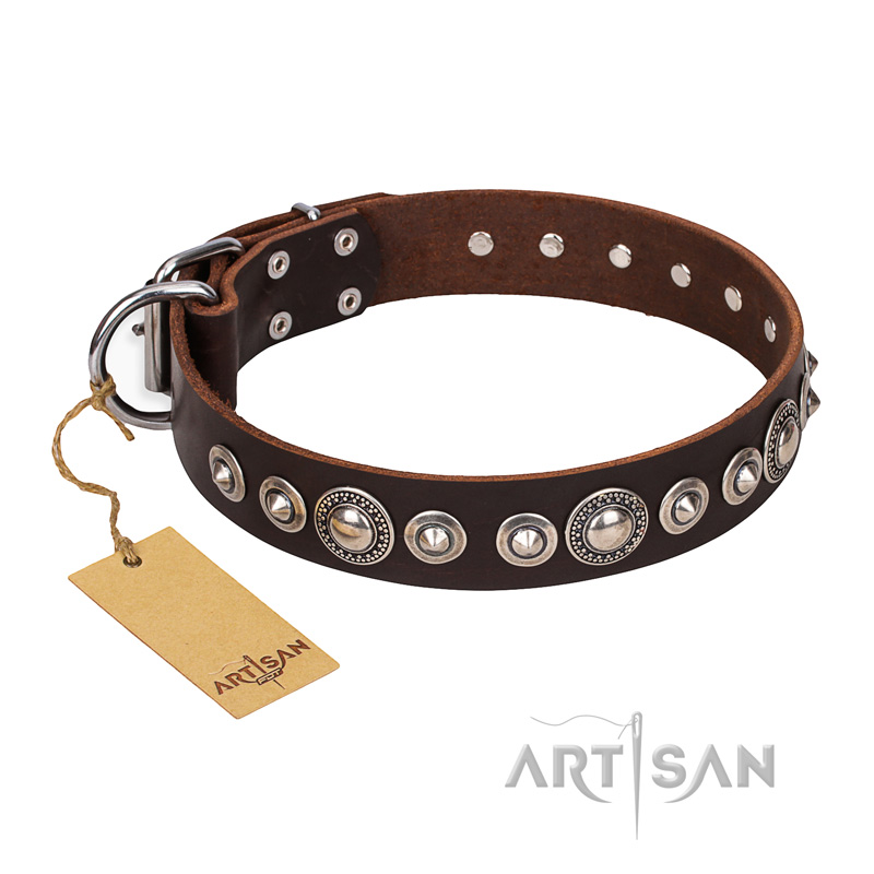 "Step and Sparkle" FDT Artisan Glamorous Studded Brown Leather American Bulldog Collar