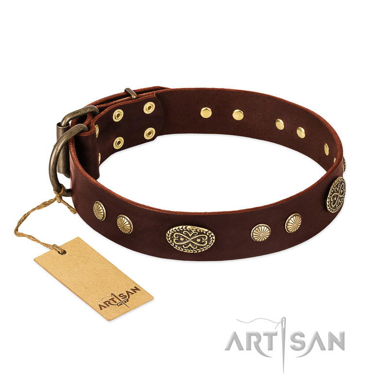 "Old-fashioned Glamor" FDT Artisan Brown Leather American Bulldog Collar with Old Bronze Look Plates and Circles