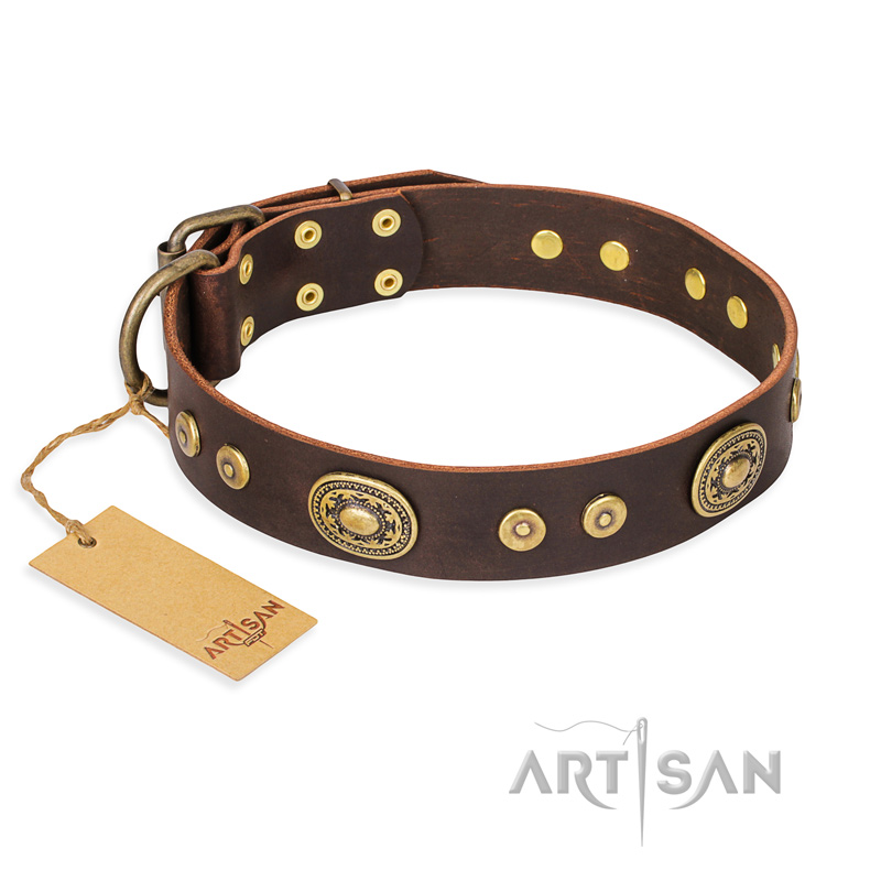 "One-of-a-Kind" FDT Artisan Handmade Decorated Brown Leather American Bulldog Collar