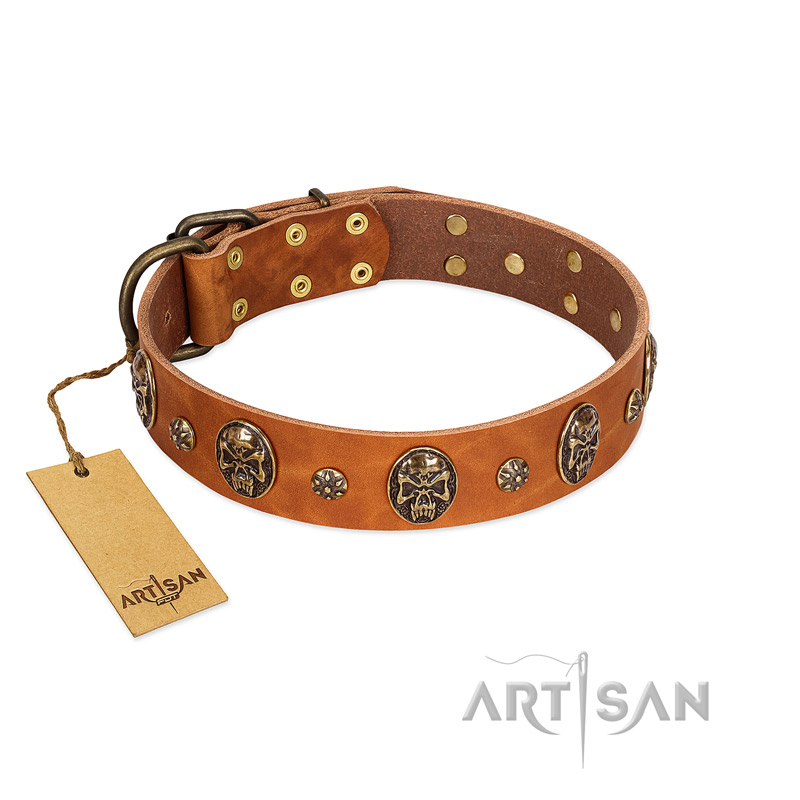"Rockstar" FDT Artisan Tan Leather American Bulldog Collar with Engraved Studs and Medallions