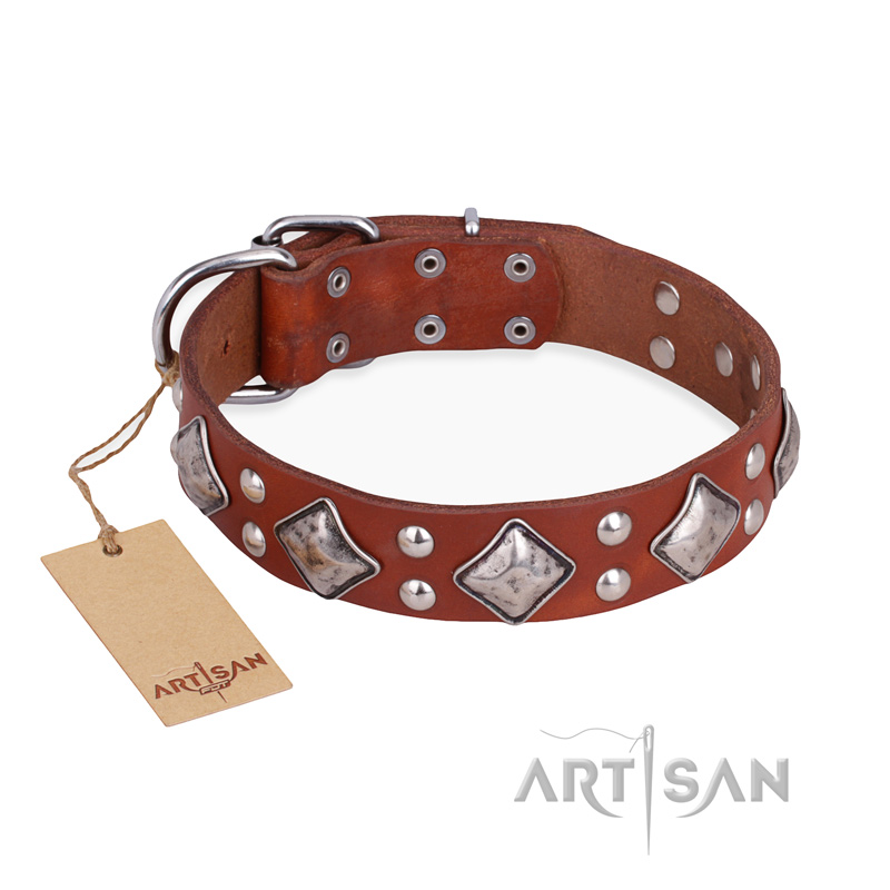 "Magic Squares" FDT Artisan Tan Leather American Bulldog Collar with Silver-like Decor