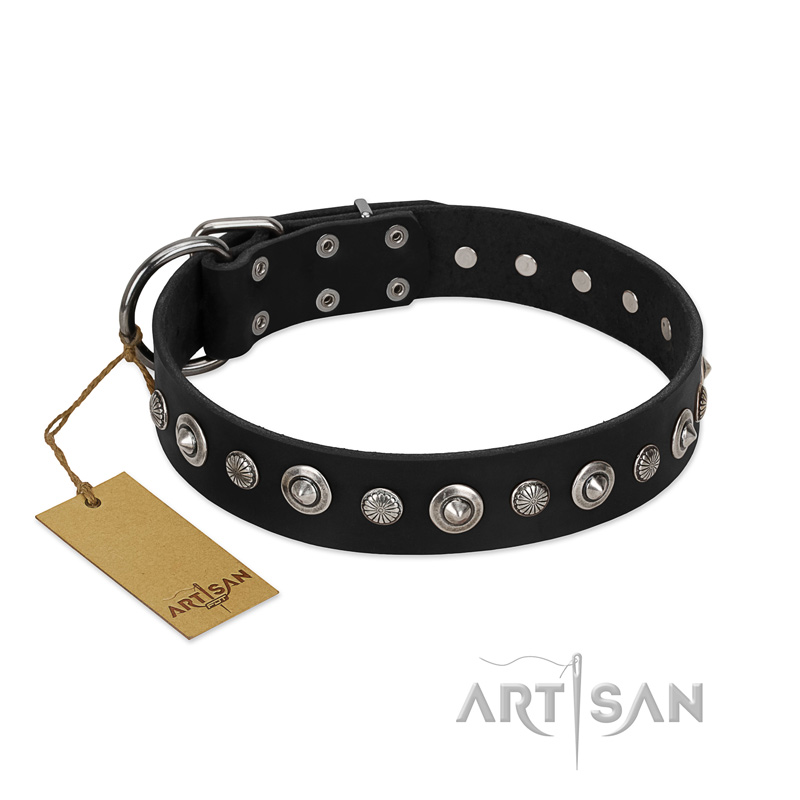 "Genteel Charm" FDT Artisan Black Leather American Bulldog Collar with Silver-like Round Conchos - Click Image to Close