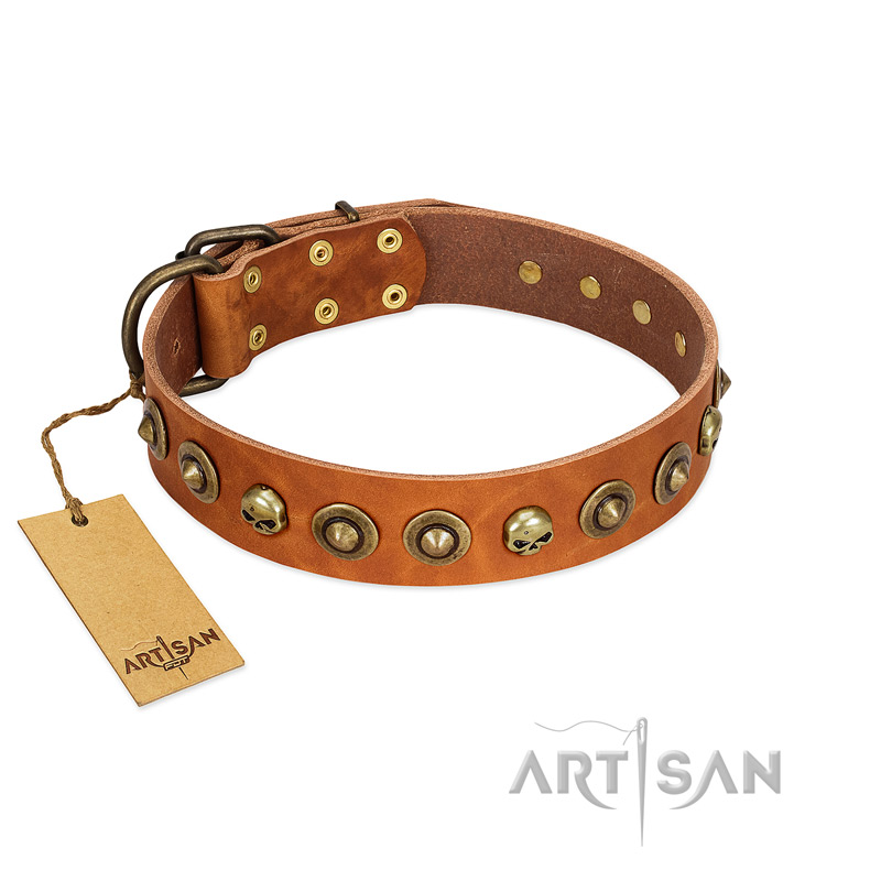 "Prez of the Pack" FDT Artisan Tan Leather American Bulldog Collar with Skulls and Brooches