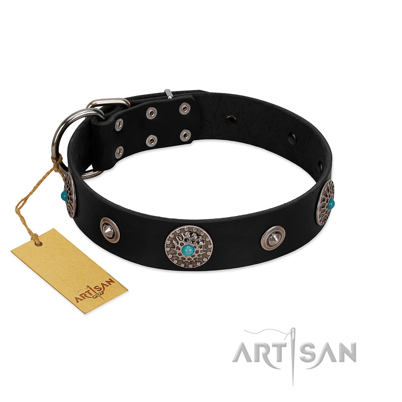 "Blue Gems" FDT Artisan Black Leather American Bulldog Collar with Chrome Plated Studs and Conchos