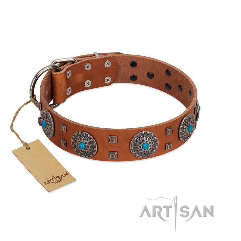 "Blue Sands" FDT Artisan Tan Leather American Bulldog Collar with Silver-like Studs and Round Conchos with Stones